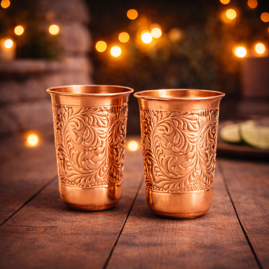 Pure copper glass with half lecquer hammered & shine design, 400 ML, Set of 2 435